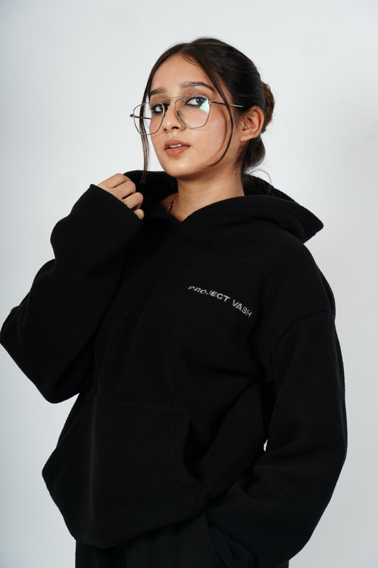 BLACK POLAR FLEECE BOX FIT UNISEX HOODIE